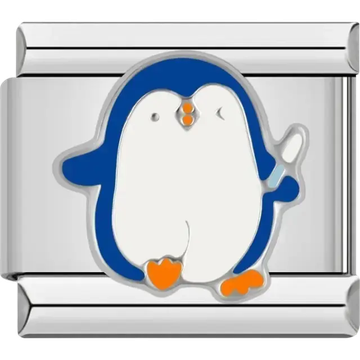 Blue and white penguin with orange beak and feet Italian charm bracelet link