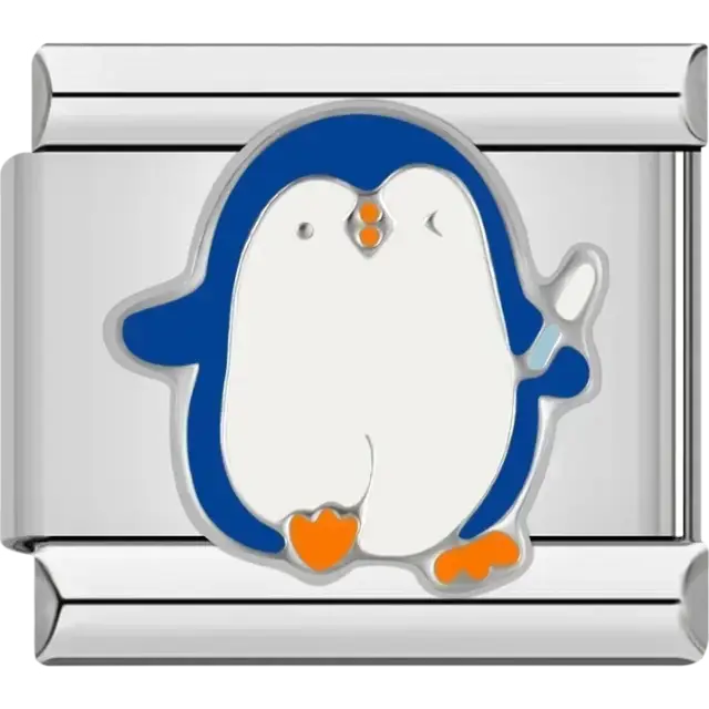 Blue and white penguin with orange beak and feet Italian charm bracelet link