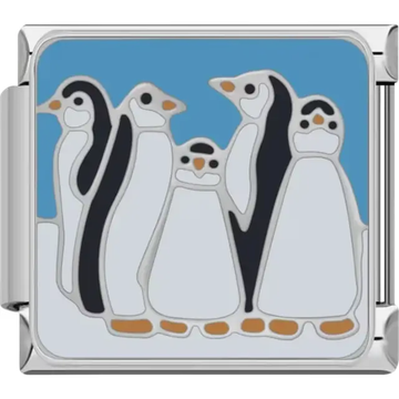 Group of penguins with black and white design on a blue background Italian charm bracelet link