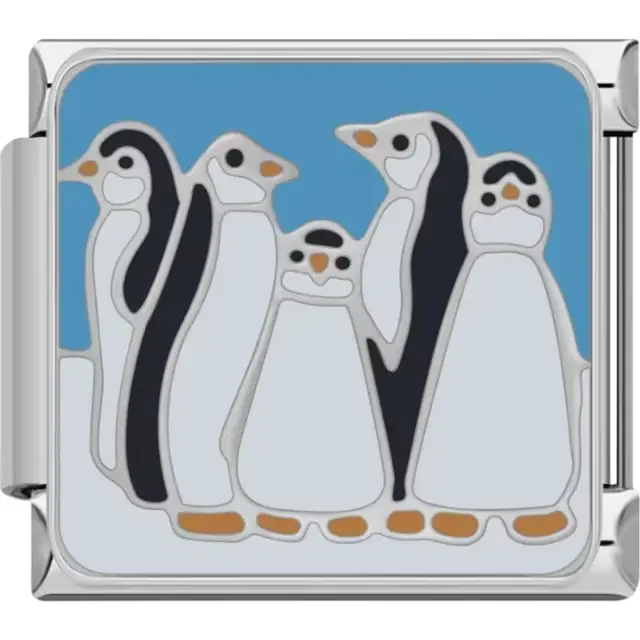 Group of penguins with black and white design on a blue background Italian charm bracelet link