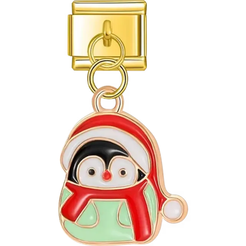 Dangle featuring a penguin wearing a red Santa hat and scarf with green and white accents Italian charm bracelet link