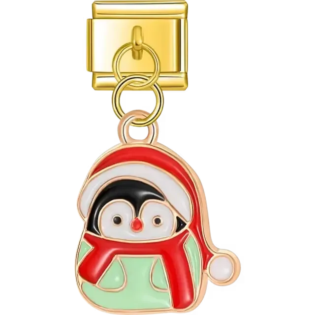 Dangle featuring a penguin wearing a red Santa hat and scarf with green and white accents Italian charm bracelet link