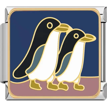 Two penguins walking on brown ground with blue background Italian charm bracelet link