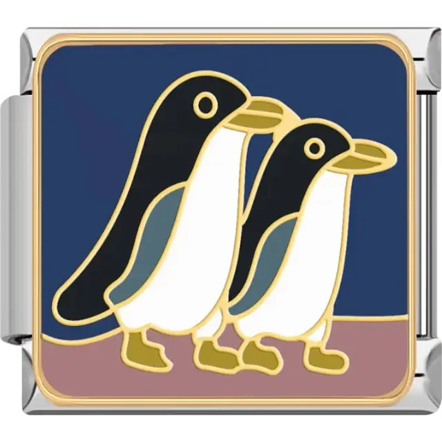 Two penguins walking on brown ground with blue background Italian charm bracelet link