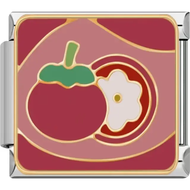 Whole and sliced persimmon with green stem on a pink and red background Italian charm bracelet link