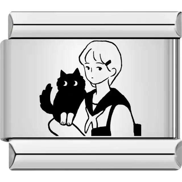 Black outline of a women holding a black cat with detailed features Italian charm bracelet link