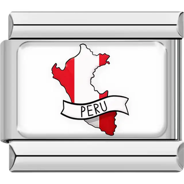 Map of Peru in red and white flag colors with "PERU" banner Italian charm bracelet link