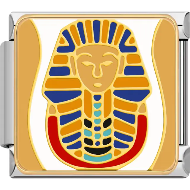 Gold, blue, red, and turquoise pharaoh mask with stylized hieroglyphic details inspired by the treasures of ancient Egyptian mythology Italian charm bracelet link