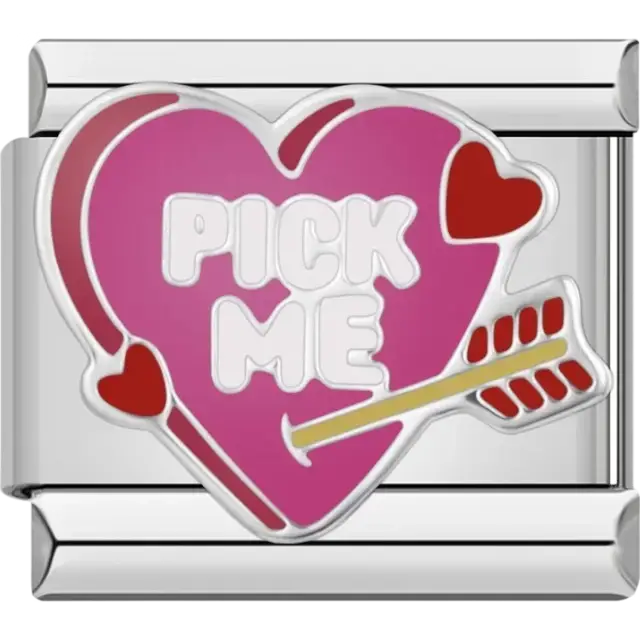 Heart with ‘Pick Me’ text and arrow Italian charm bracelet link