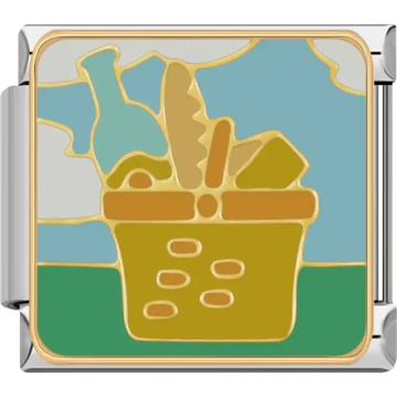 Basket with bread bottle and cheese on grass with light blue background Italian charm bracelet link