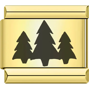 Black silhouette of three pine trees on a gold link Italian charm bracelet link