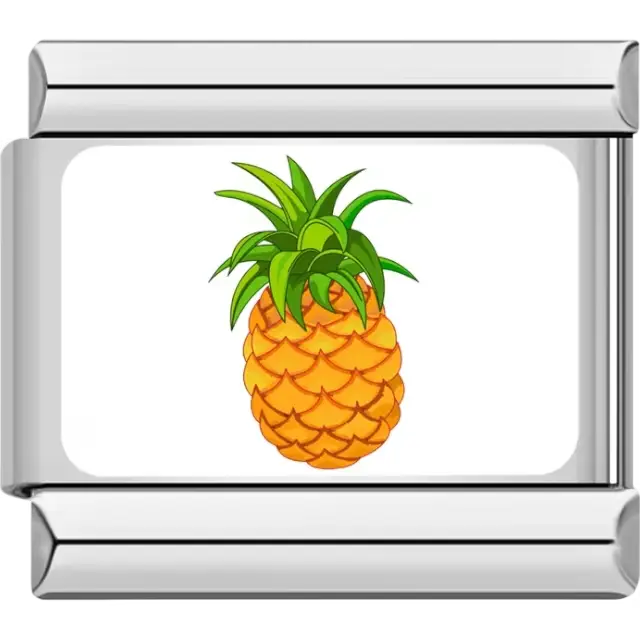 Golden-yellow pineapple with vibrant green leaves on a white background Italian charm bracelet link