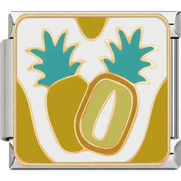 Whole and sliced pineapple with teal leaves and gold accents on a white background Italian charm bracelet link