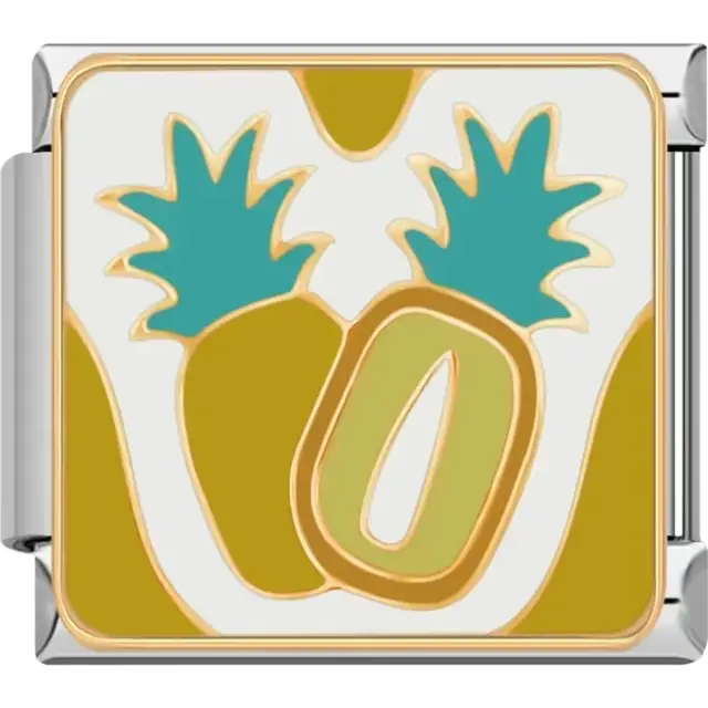 Whole and sliced pineapple with teal leaves and gold accents on a white background Italian charm bracelet link