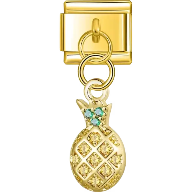 Pineapple shape with yellow stones and green stone-accented leaves Italian charm bracelet link