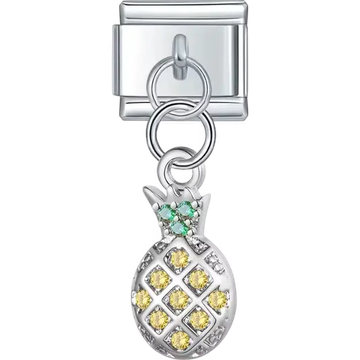 Pineapple shape with yellow stones and green stone-accented leaves Italian charm bracelet link