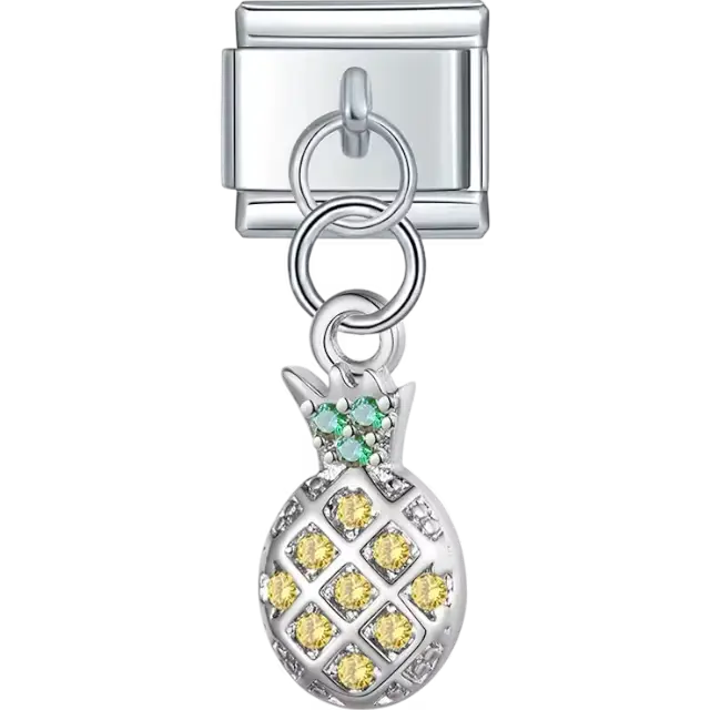 Pineapple shape with yellow stones and green stone-accented leaves Italian charm bracelet link