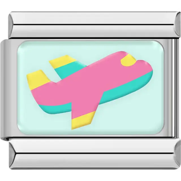 Pink airplane yellow turquoise accents mint background Italian charm bracelet link