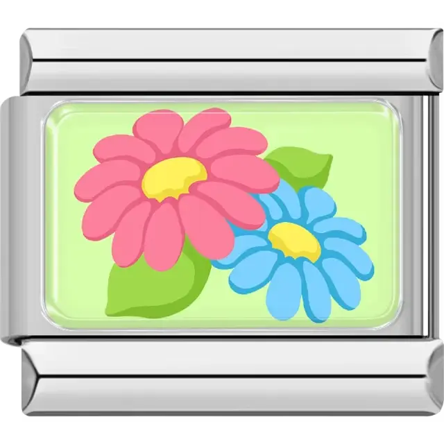 Bright pink and blue daisies with yellow centers and green leaves on a light green background Italian charm bracelet link
