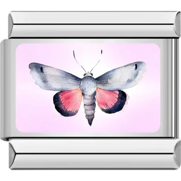 Moth with blue upper wings and pink lower wings on a light pink background Italian charm bracelet link