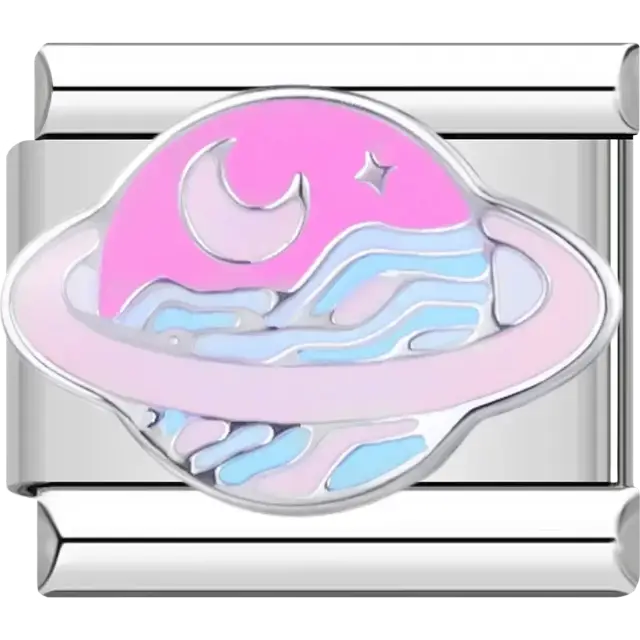 Pink and blue Saturn planet with moon Italian charm bracelet link