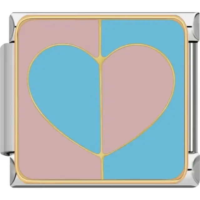 Split heart design with pink and blue halves outlined in gold Italian charm bracelet link