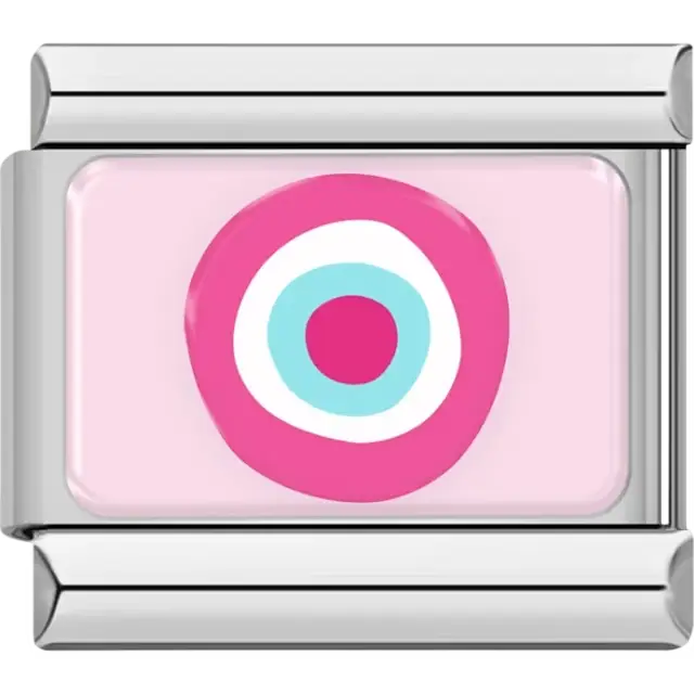Pink and blue circular target pattern on a light pink background Italian charm bracelet link