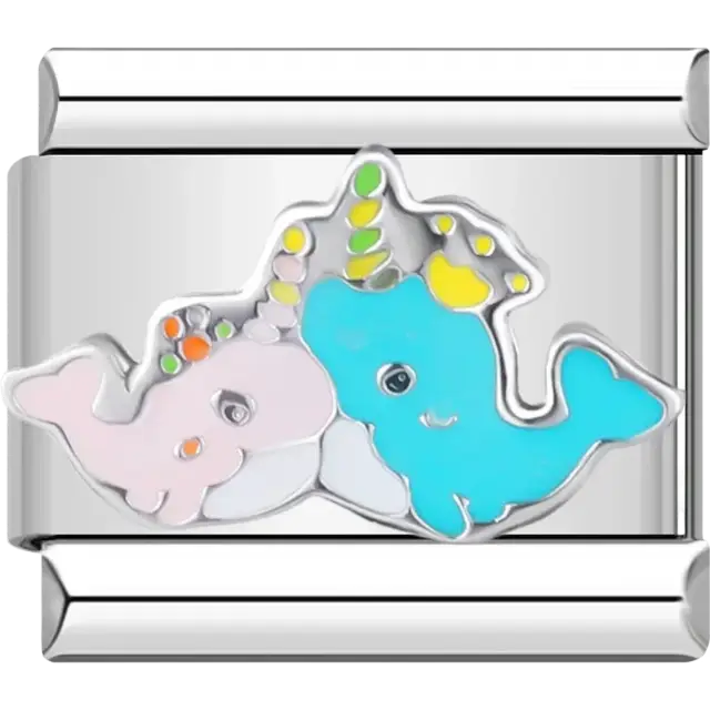 Pink and blue whales with colorful accents Italian charm bracelet link