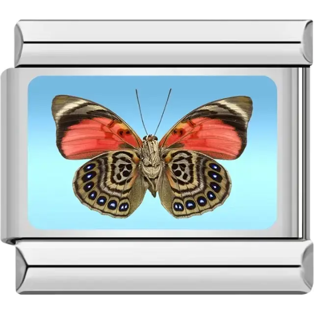 Butterfly with pink upper wings brown patterned lower wings and blue spots Italian charm bracelet link