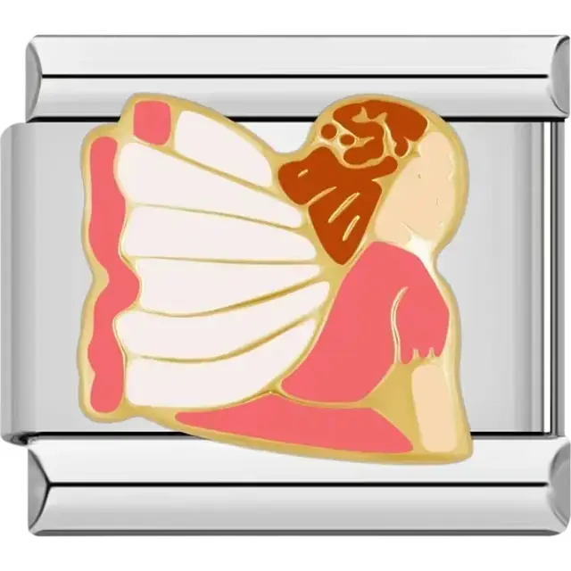 Elegant fairy in pink and gold with detailed white wings Italian charm bracelet link