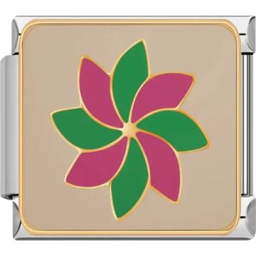 Pink and green petal flower design with gold outlines on a beige background Italian charm bracelet link