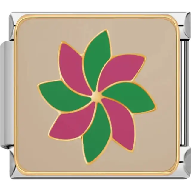Pink and green petal flower design with gold outlines on a beige background Italian charm bracelet link