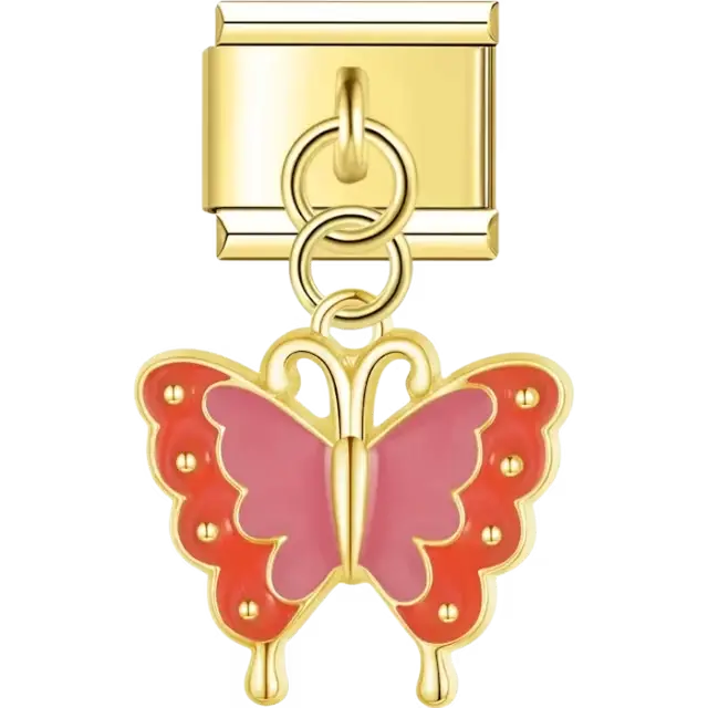 Butterfly pendant featuring pink and red wings with dotted details Italian charm bracelet link