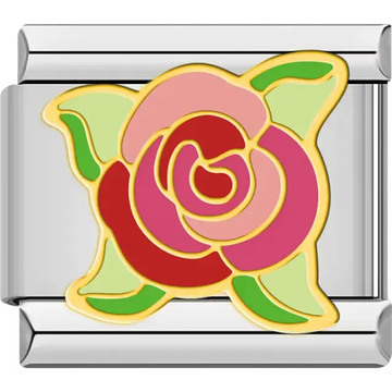 Pink red and rose petals with yellow gold outline green leaves Italian charm bracelet link