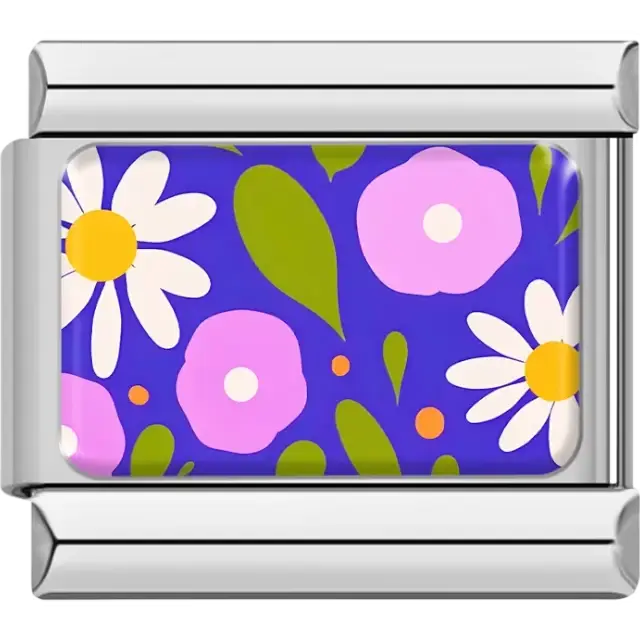 Pink flowers white daisies green leaves and orange dots on blue background Italian charm bracelet link