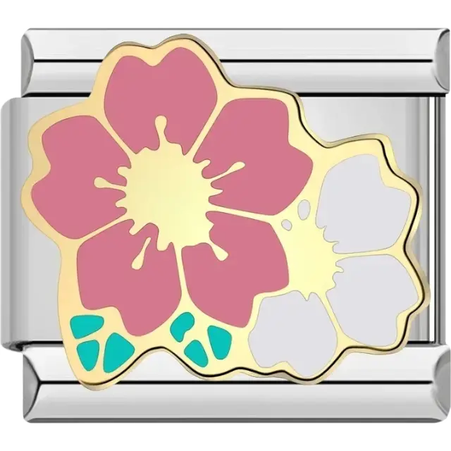 Pink and white flower with turquoise accents Italian charm bracelet link