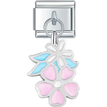 Pink and white flowers with blue leaves Italian charm bracelet link