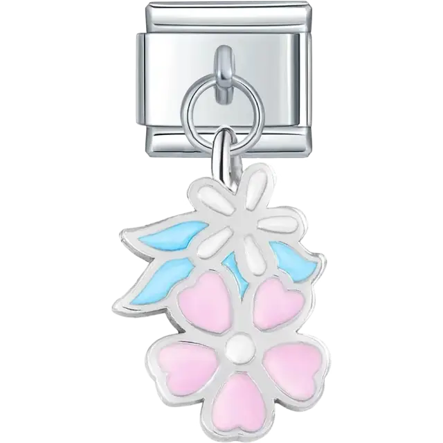 Pink and white flowers with blue leaves Italian charm bracelet link