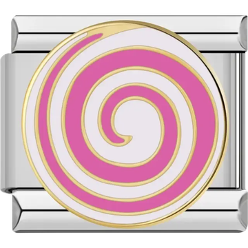 Round charm with pink and white spiral and gold outline Italian charm bracelet link