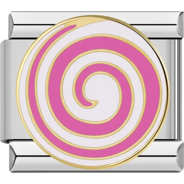 Round charm with pink and white spiral and gold outline Italian charm bracelet link