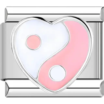 Heart-shaped pink and white yin yang symbol Italian charm bracelet link