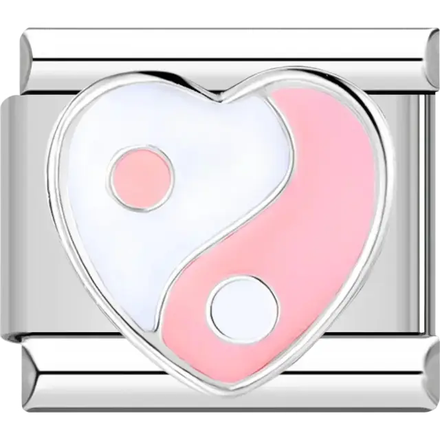Heart-shaped pink and white yin yang symbol Italian charm bracelet link