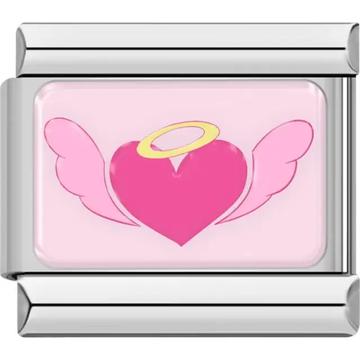 Pink heart with wings and a yellow halo on a light pink background Italian charm bracelet link