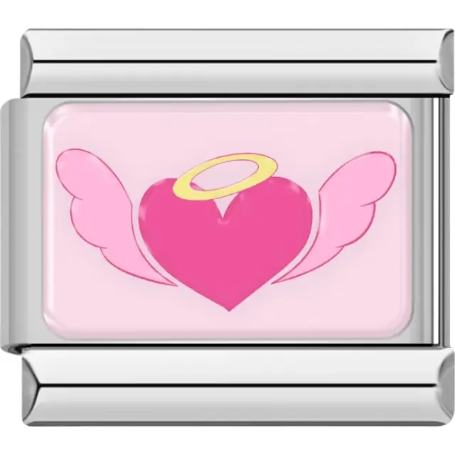 Pink heart with wings and a yellow halo on a light pink background Italian charm bracelet link