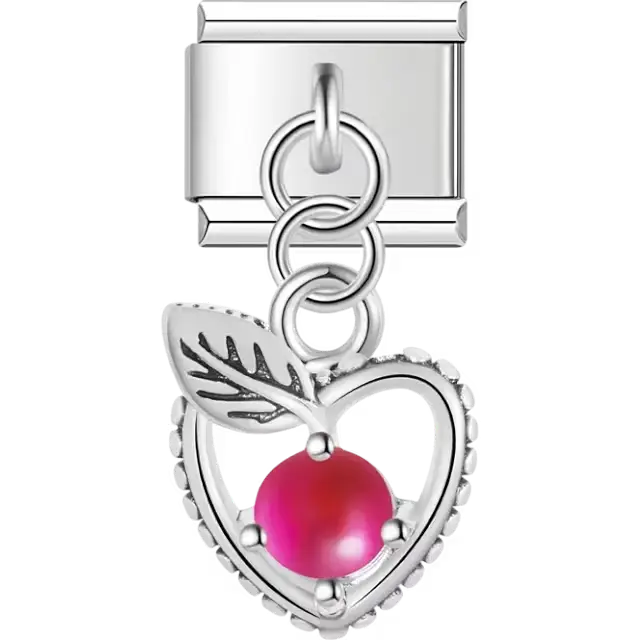 Heart apple pink gem dangle Italian charm bracelet link