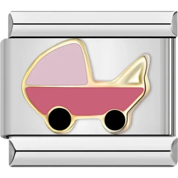 Baby stroller design in pink and gold with black wheels Italian charm bracelet link