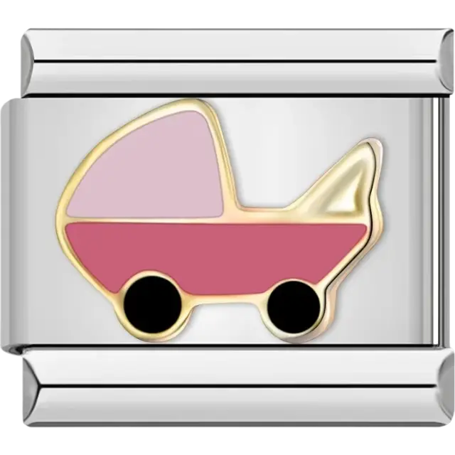 Baby stroller design in pink and gold with black wheels Italian charm bracelet link