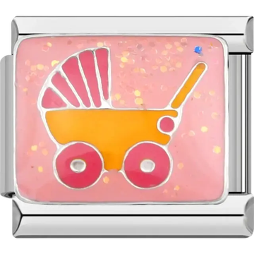 Pink and yellow baby stroller design on a pink background Italian charm bracelet link