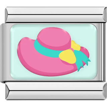 Pink beach hat turquoise band yellow flower mint background Italian charm bracelet link