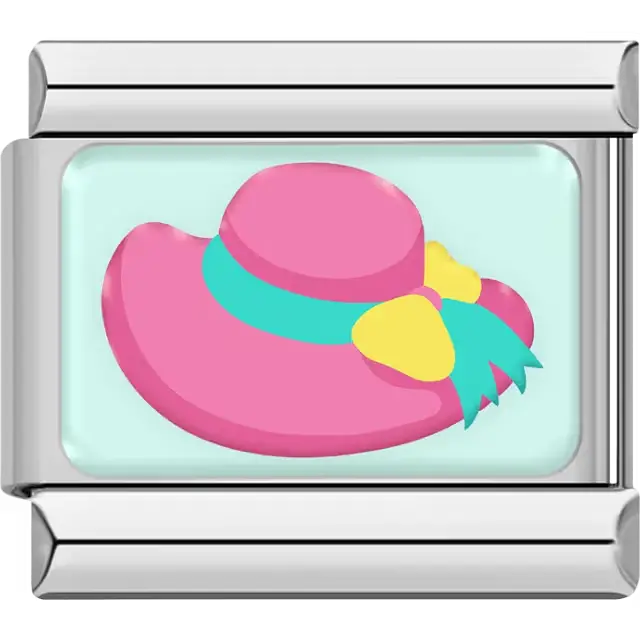 Pink beach hat turquoise band yellow flower mint background Italian charm bracelet link